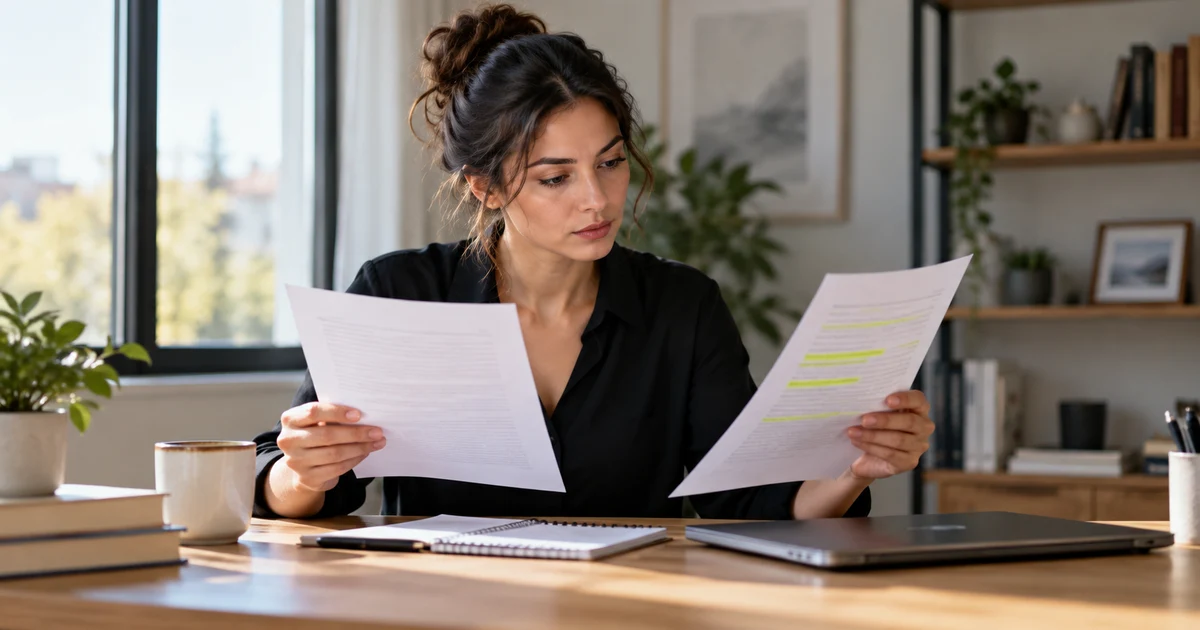 A fictional adult compares two printed sheets beside a closed laptop.