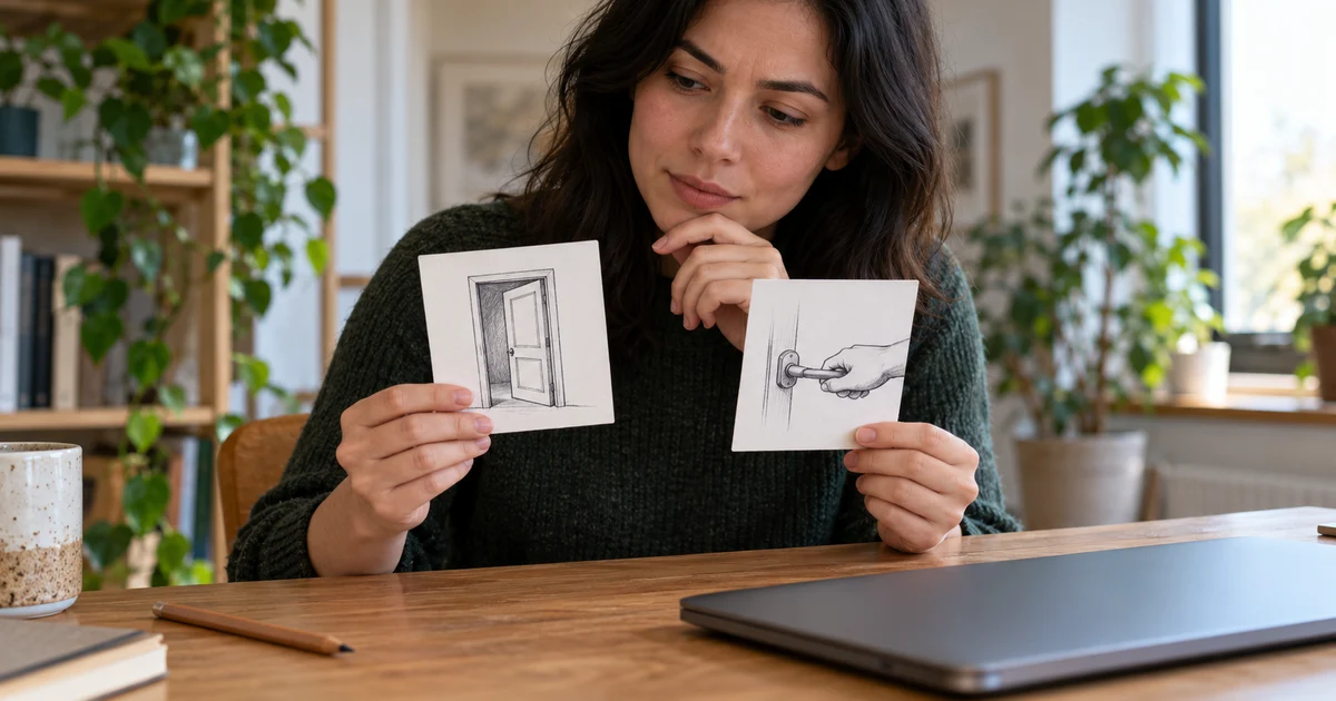 A fictional adult compares drawings of an open door and a hand turning a handle beside a closed laptop.