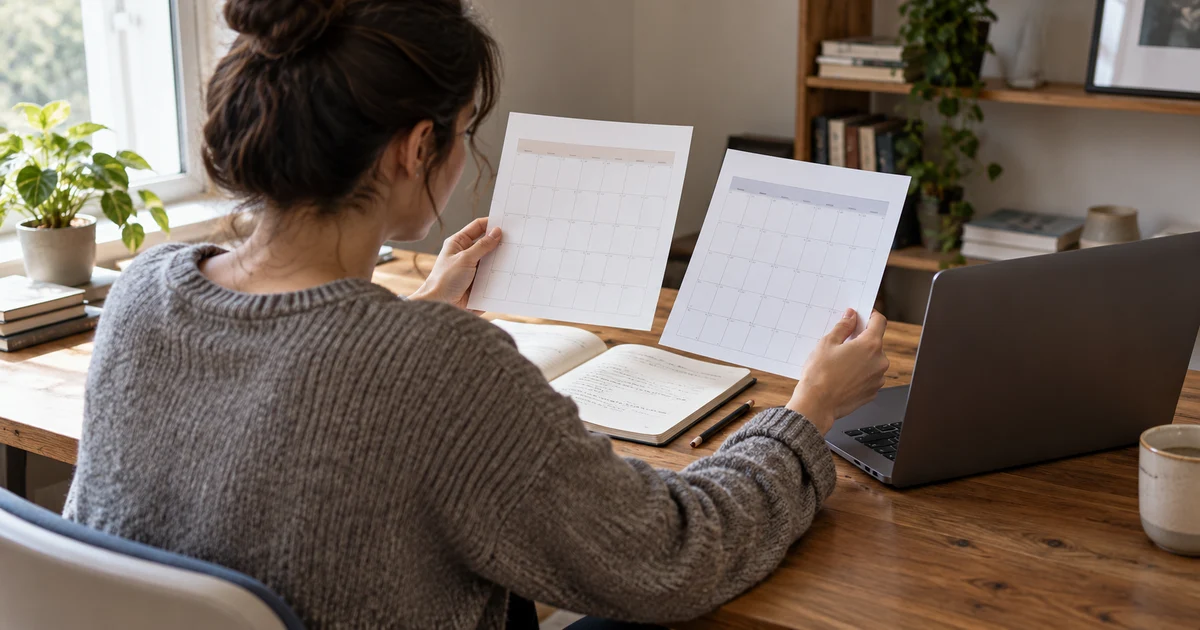 An adult compares two paper calendars beside a laptop and notebook.