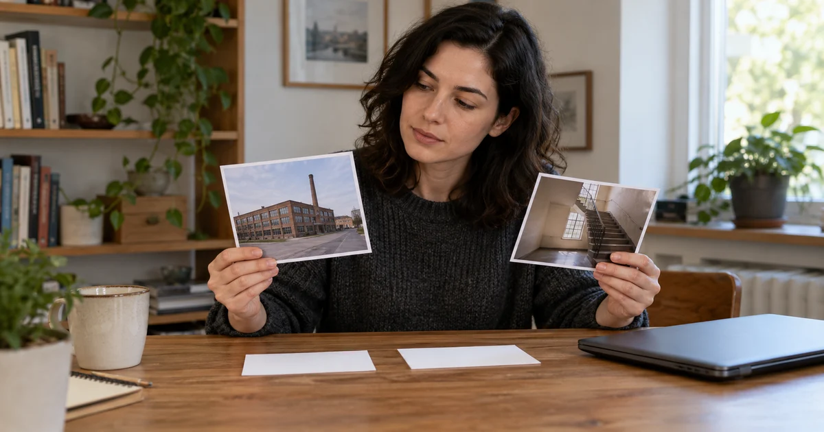 A fictional adult compares photographs of a factory and a staircase beside blank cards.