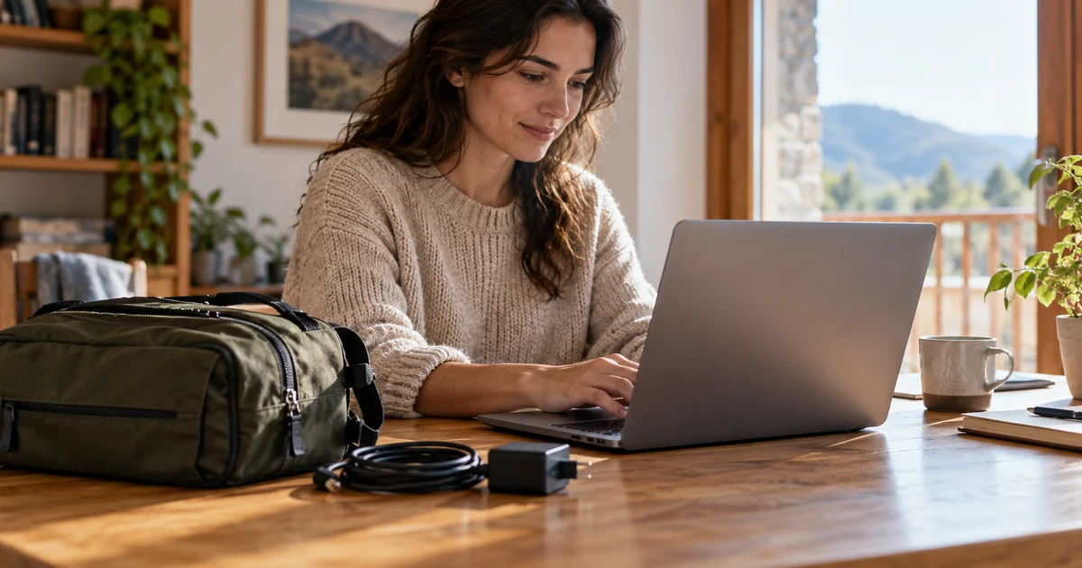 Fictional person preparing a translation task on a laptop beside travel luggage.