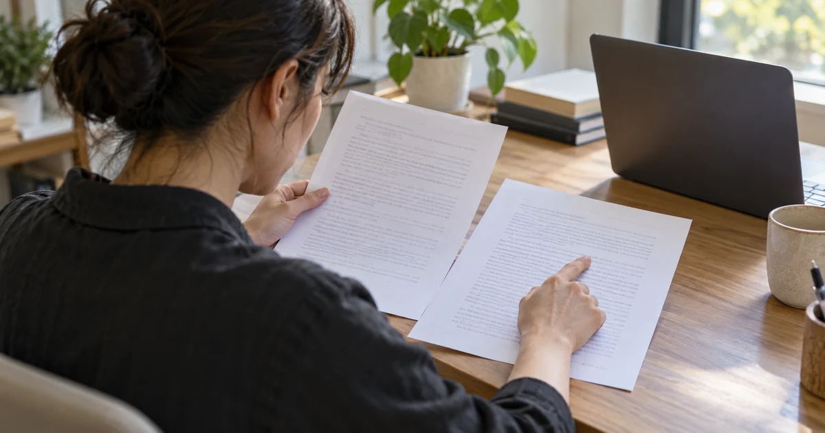 Fictional person comparing two pages beside a laptop with no visible interface.