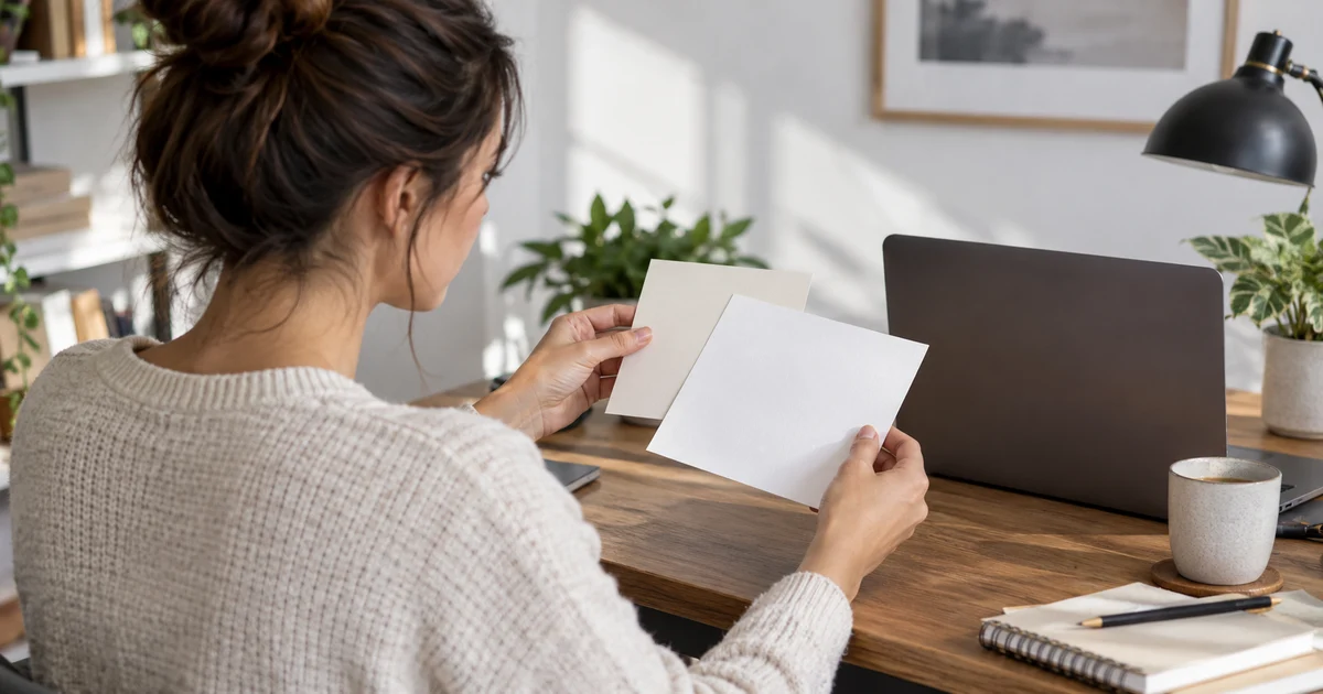 A person compares two overlapping cards beside a laptop; fictional scene.