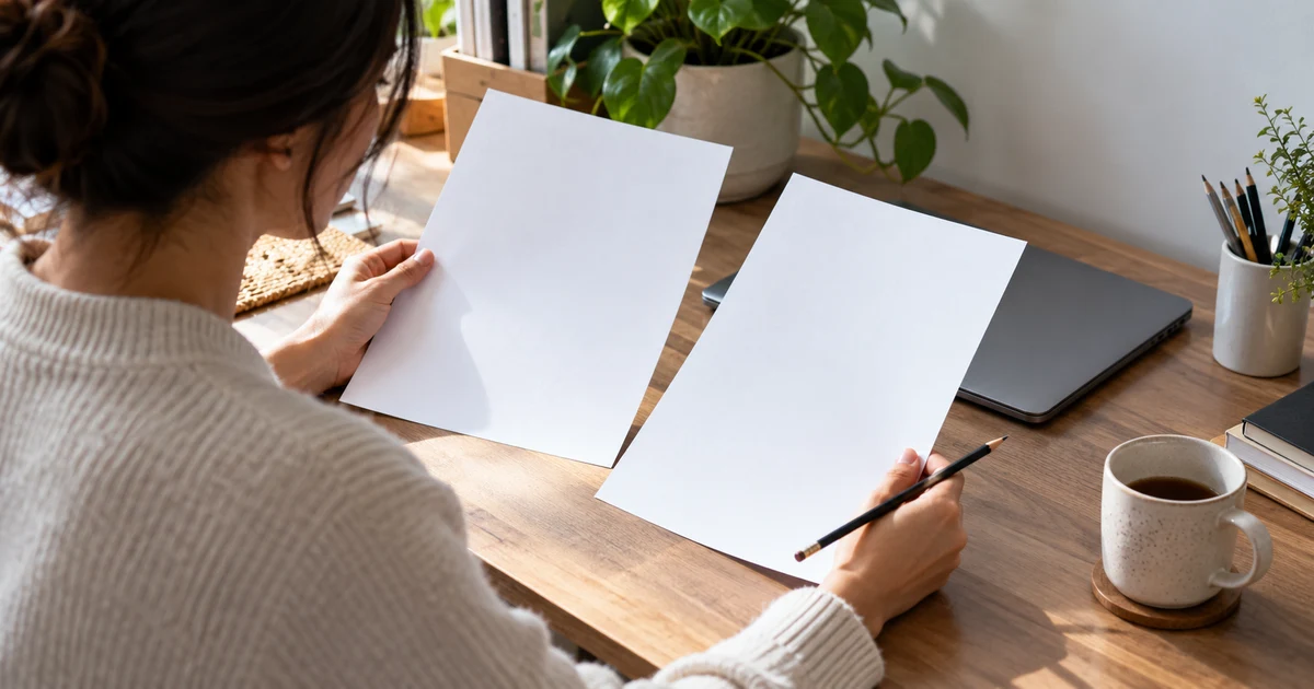 A fictional adult compares two blank sheets beside a closed laptop.