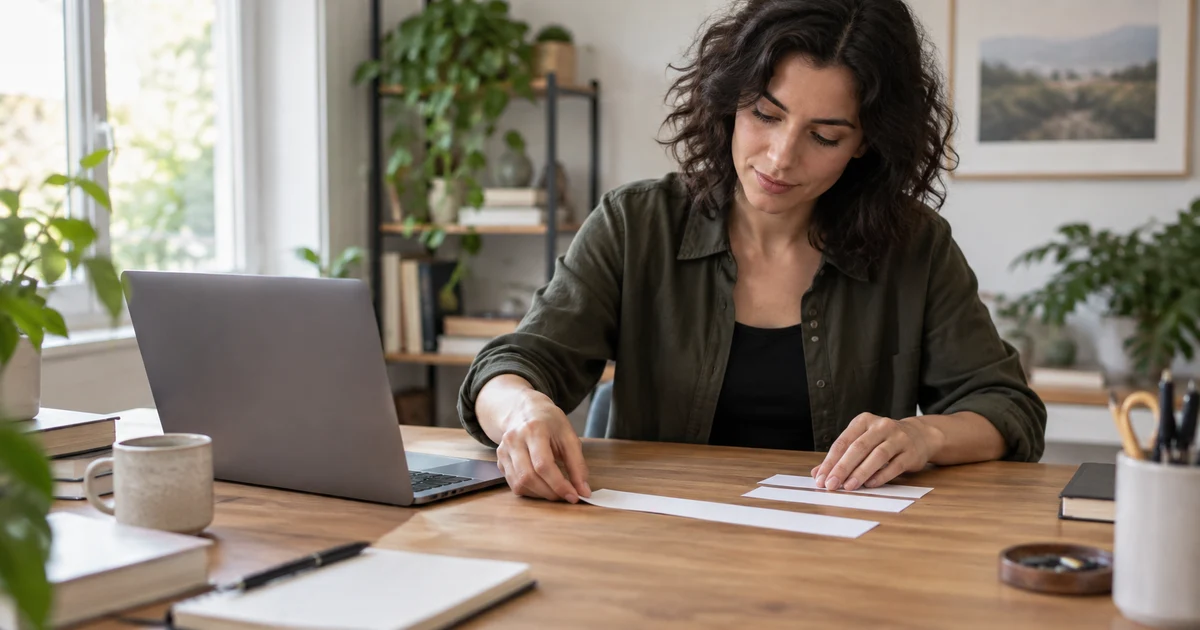 An adult compares blank paper strips beside a laptop.