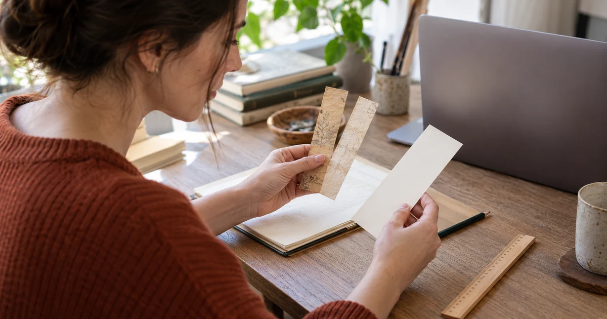 Fictional translator comparing paper strips beside a ruler and the back of a laptop.