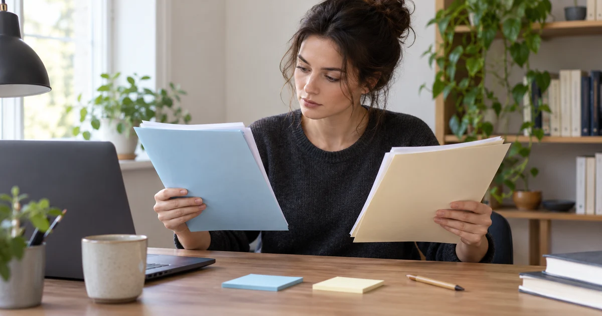 A translator compares two folders and paper notes beside a monitor with its screen hidden.
