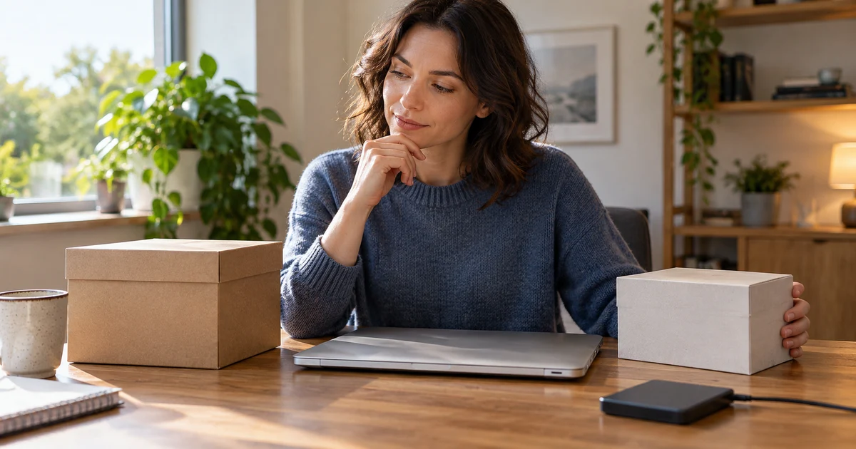 A fictional adult considers two plain boxes beside a closed laptop and an external drive.