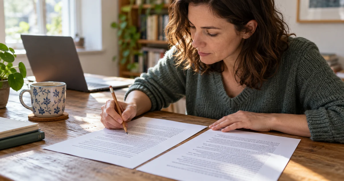 Fictional person reviewing two printed texts with a pencil.