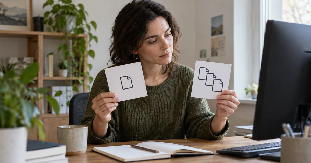 A fictional adult compares cards showing one file icon and several file icons beside a notebook.