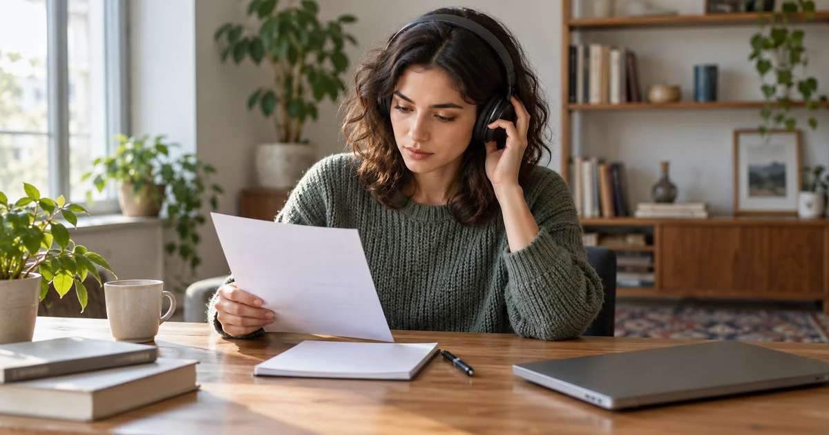 A fictional adult wearing headphones reviews a sheet beside a closed laptop.