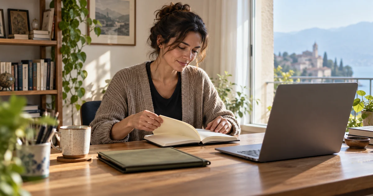 Fictional adult opening a notebook to resume work beside a laptop.