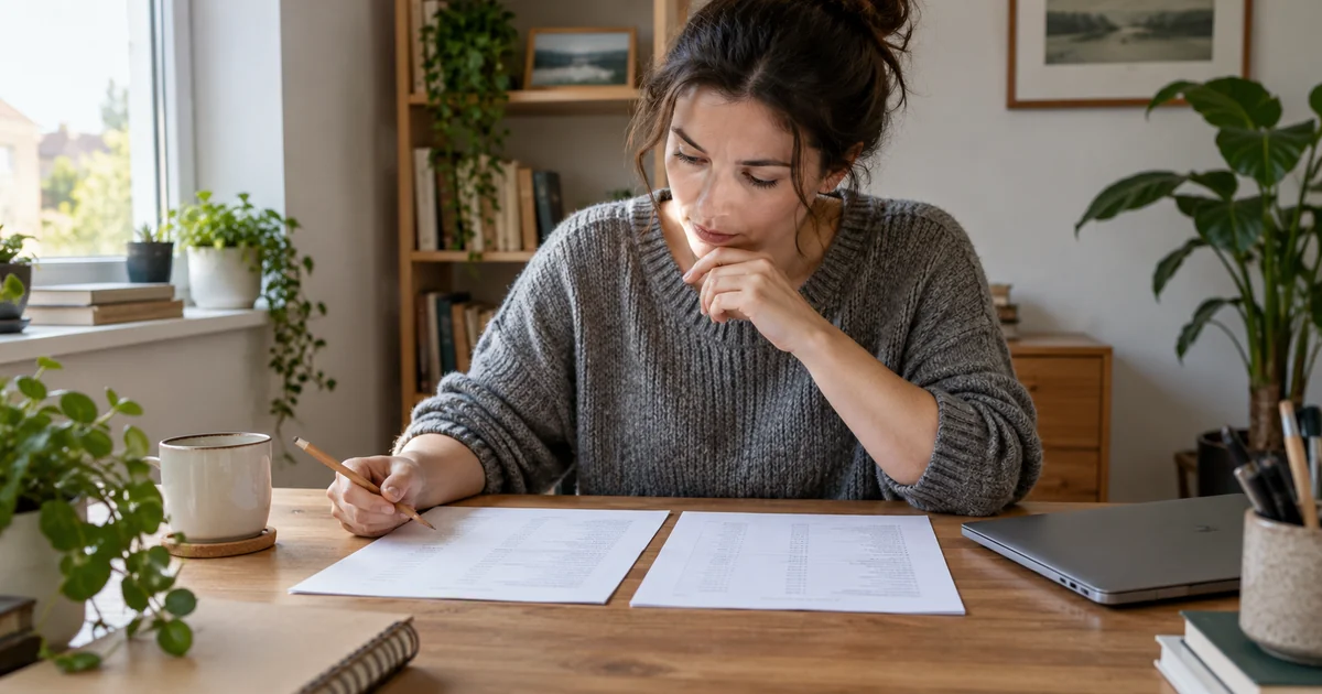 A fictional person compares two printed sheets beside a closed laptop.