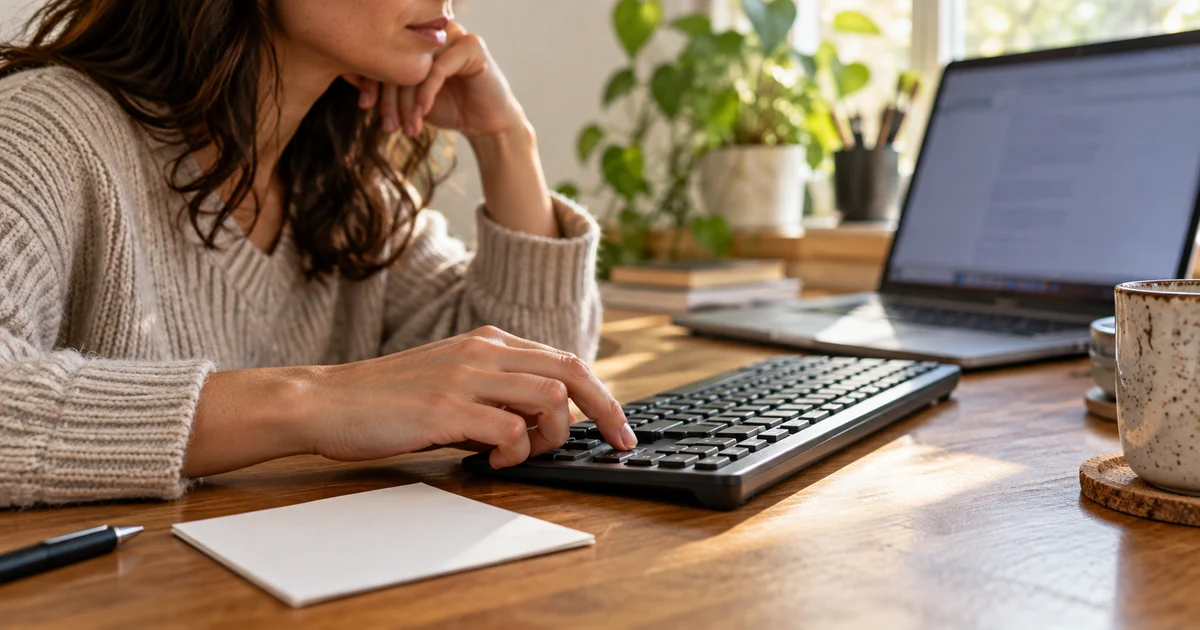 An adult reviews a keyboard beside a laptop with a blurred screen.