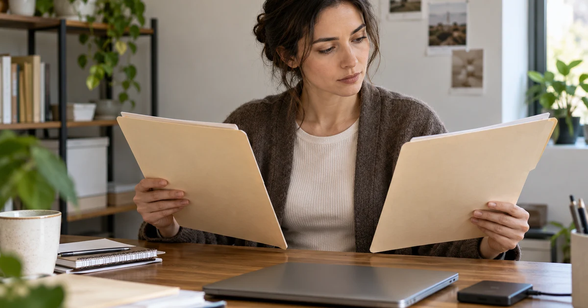Fictional translator compares two folders beside a closed laptop and an external drive.