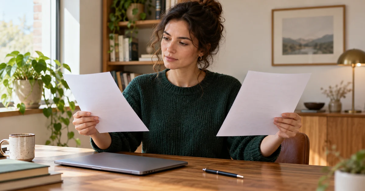 Fictional translator comparing two sheets without readable text at a desk.