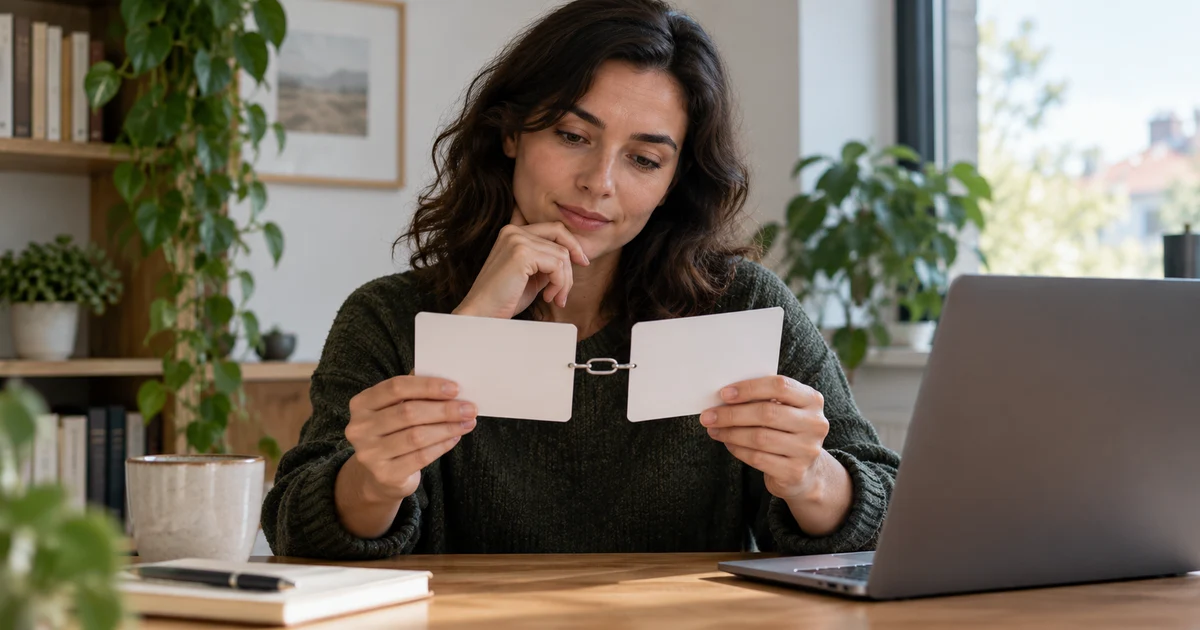 A fictional translator compares two blank cards joined by a metal link beside a laptop.